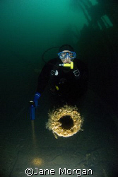 Diver inspects one of the 5 inch guns on the SMS Brummer.... by Jane Morgan 